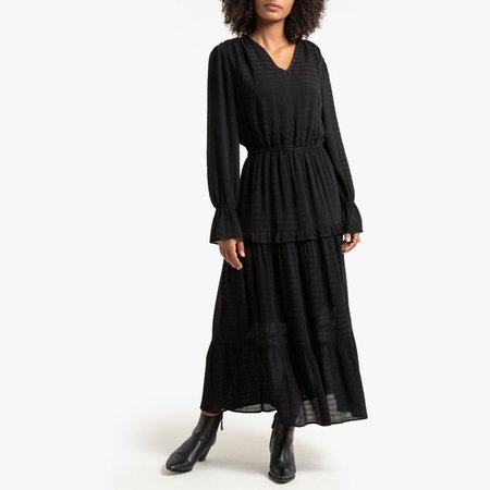 Ruffled midi checked dress with gathers , black, La Redoute Collections | La Redoute