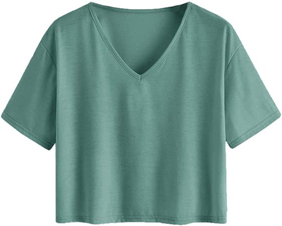 DIDK Women's Casual Crop Top Solid V Neck Short Sleeve Basic Tee Shirt Green L at Amazon Women’s Clothing store