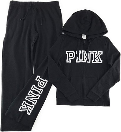 Victoria's Secret Pink Hoodie and Sweat Pants Set Medium Black White Block Logo at Amazon Women’s Clothing store