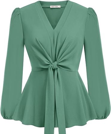 GRACE KARIN 2023 Women's Elegant Peplum Tops V Neck Tie Front Short Bell Sleeve Shirts Tops Blouse at Amazon Women’s Clothing store