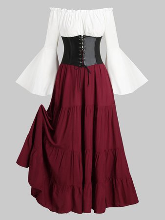 [35% OFF] Lace-up Corset Belt Vintage Renaissance Medieval Bell Sleeve Dress | Rosegal