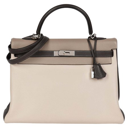 HERMÈS Graphite, Etoupe and Gris Tourterelle Clemence Leather Kelly 35cm Retourne For Sale at 1stDibs