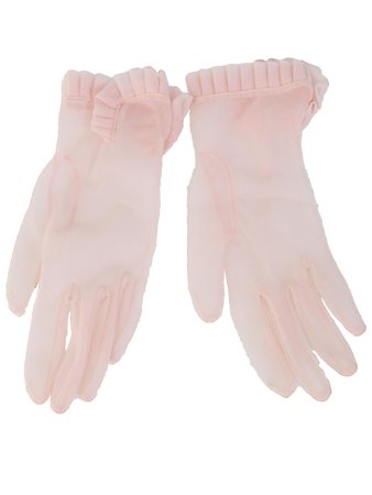 1950's Vintage Missing Label Gloves: 50s -Missing Label- Womens sheer light pink background nylon gloves with pleating along the wrist.