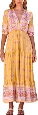 Women Boho Floral Chiffon Tiered Maxi Dress Deep V Neck Long Sleeve Evening Dress 2023 Bohemian Swing Dress at Amazon Women’s Clothing store