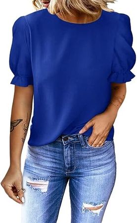 Dokotoo Womens Puff Short Sleeve Chiffon Crewneck Ruffle Summer Shirt, Casual Loose Business Work Blouse, Blue Large at Amazon Women’s Clothing store