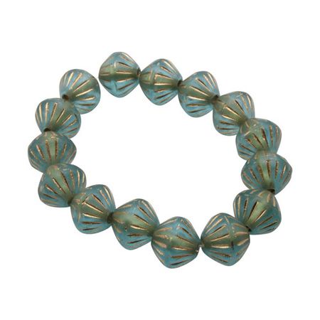 Czech Glass 9mm Tribal Bicone Beads - Baby Blue with a Gold Wash