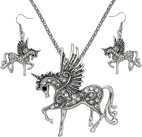Amazon.com: DianaL Boutique Silver Tone Rhodium Plated Large Pegasus Unicorn Horse Pendant Necklace and Dangle Earrings Set: Jewelry