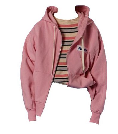 Pink jacket, striped shirt