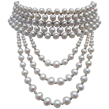 Marina J Woven Pearl and 14 k White Gold Drape Choker and Rhodium Silver Clasp For Sale at 1stdibs