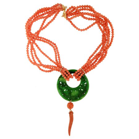SCALA GIOIELLI Handcrafted 18kt Yellow Gold Coral And Jade Drop Necklace