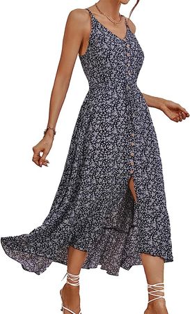 BROVAVE Women's 2023 Summer Casual Boho Sundress Polka Dot Spaghetti Strap V Neck Flowy Midi Dresses at Amazon Women’s Clothing store
