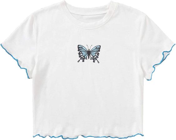 SweatyRocks Women's Basic Butterfly Print Crop Top Short Sleeve Round Neck Tee T-Shirt White L at Amazon Women’s Clothing store