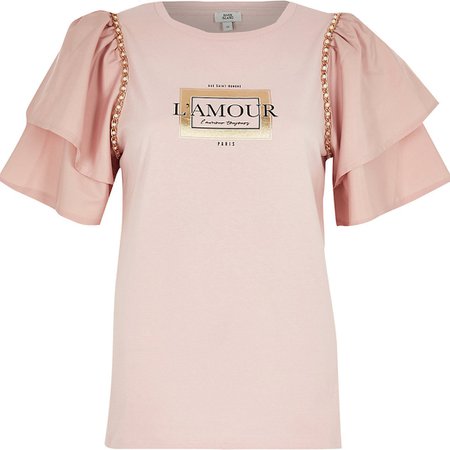 light Pink short sleeve 'L'Amour' frill t-shirt | River Island