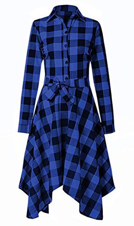 SimWish Women's Blue Plaid Long Sleeve Asymmetrica Hem Casual Swing Shirt Dress with Belt at Amazon Women’s Clothing store: