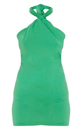 Green Slinky Knotted Halterneck Bodycon Dress | PrettyLittleThing USA