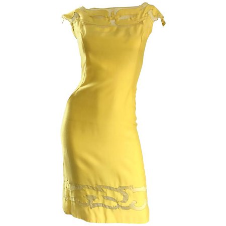 Amazing 1950s Canary Yellow Silk Vintage Cut - Out 50s Bombshell Wiggle Dress For Sale at 1stdibs