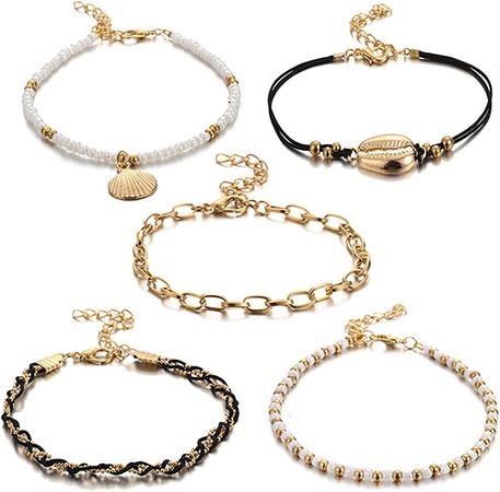 Amazon.com: Anglacesmade Bohemia Shell Charm Pendant Anklet Set 5Pcs Black Leather Chain Braided String Pearl Beaded Ankle Bracelet Boho Beach Jewelry for Women and Girls: Clothing, Shoes & Jewelry