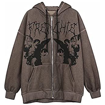 Fairy Grunge Clothes Women's Y2K Vintage Full Zipper Zip Up Hoodie Aesthetic Pullover Sweatshirt E-Girl 90s Streetwear Jacket (3XL, Style1: Brown) at Amazon Women’s Clothing store