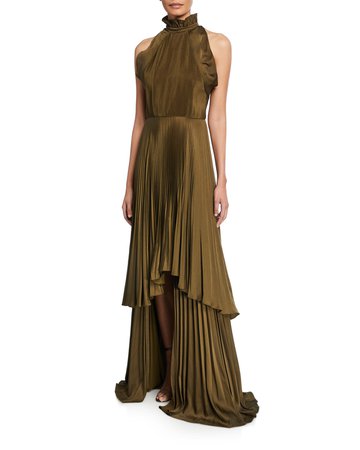 flor et.al Tiffany Pleated Charmeuse High-Neck Sleeveless Gown | Neiman Marcus