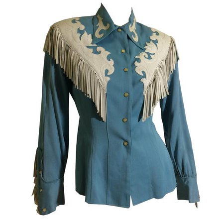 Delft Blue Gabardine Western Shirt with White Leather Detail and Fring – Dorothea's Closet Vintage