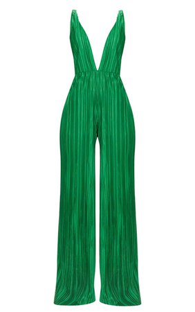 Green Plisse Plunge Strappy Jumpsuit | PrettyLittleThing