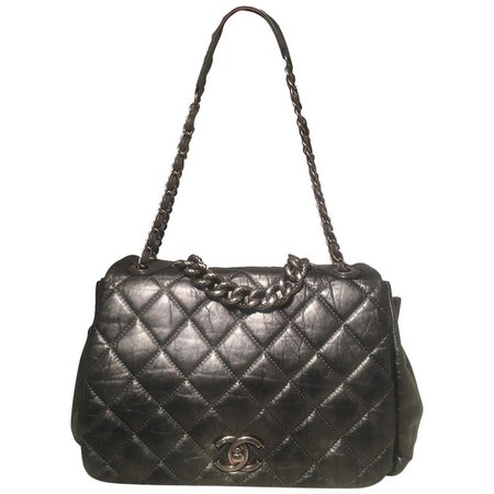 Chanel Dark Grey Metallic Distressed Quilted Accordion Flap Classic Shoulder Bag For Sale at 1stdibs