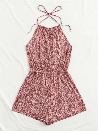 Ditsy Floral Print Tie Back Halter Romper | SHEIN USA red