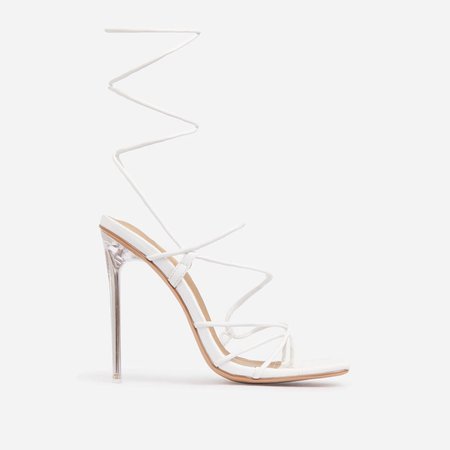 Sunbathe Square Toe Lace Up Clear Perspex Heel In White Faux Leather | EGO