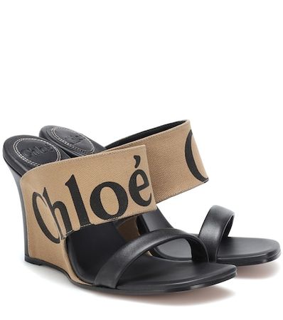 Canvas and leather wedge sandals