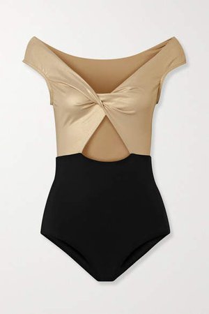 Carmelle Off-the-shoulder Cutout Two-tone Swimsuit - Gold