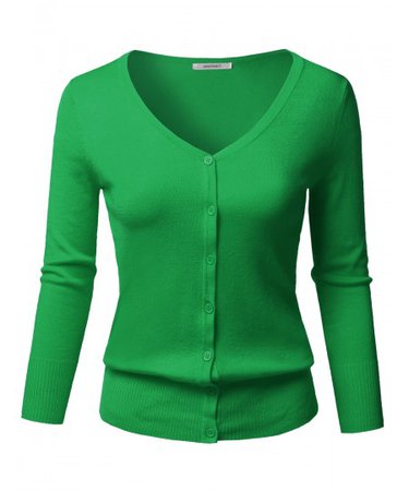 Women's Solid Button Down V-Neck 3/4 Sleeves Knit Cardigan | 27 Green