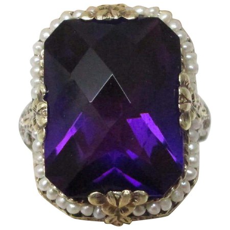 10.3 Carat Amethyst Seed Pearl 14 Karat White and Yellow Gold Filigree Ring For Sale at 1stDibs