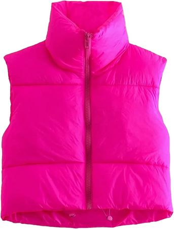 Shiyifa Women's Fashion High Neck Zipper Cropped Puffer Vest Jacket Coat (Rose Red, Large) at Amazon Women's Coats Shop