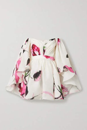 Off-the-shoulder Cape-effect Floral-print Silk-organza Mini Dress - Ivory
