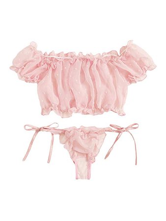 Amazon.com: SheIn Women's Self Tie Ruffle Trim Dobby Mesh Lingerie Set Sexy Bra and Panty Medium Pink: Clothing