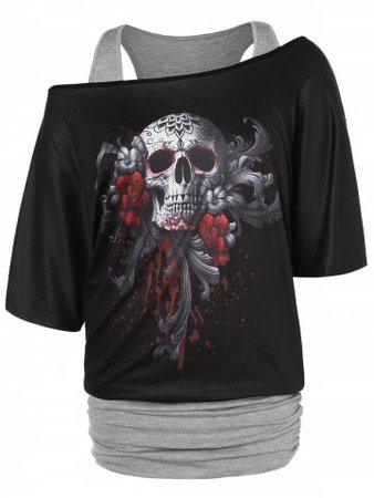 Open Shoulder Blood Skull Print Blouson T-shirt | Rosegal