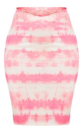 Coral Tie Dye Print Slinky Dip Hem Midi Skirt | PrettyLittleThing USA pink