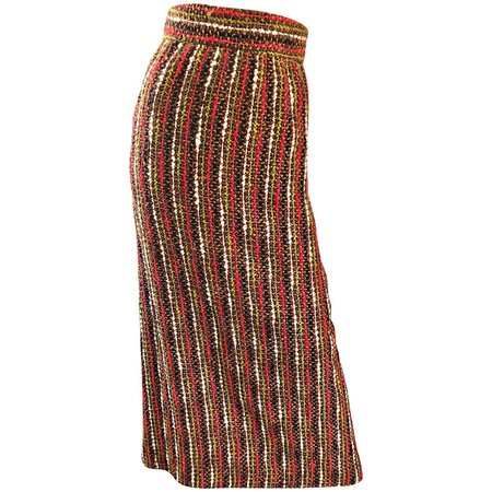 1970s Brown + Olive Green + Red Boucle High Waisted Wool vintage 70s Maxi Skirt For Sale at 1stDibs
