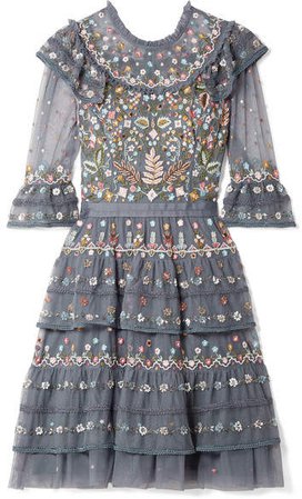 Paradise Ruffled Embroidered Tulle Dress - Blue