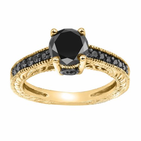 Fancy Black Diamond Engagement Ring 14K Yellow Gold 1.35 Carat Antique Vintage Style Engraved Pave Set HandMade Certified