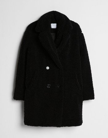 Double-breasted faux shearling coat - Outerwear - Woman | Bershka black