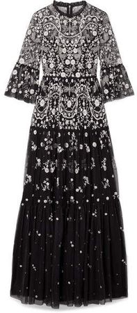 Dragonfly Garden Embellished Tulle Maxi Dress - Black