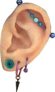 ear piercings with industrial piercing and blue/green/purple  earrings