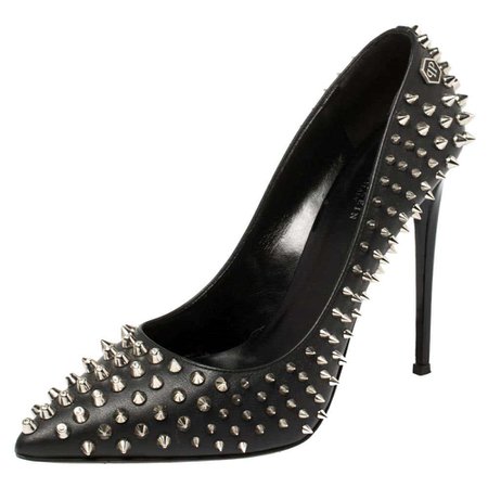 *clipped by @luci-her* Philipp Plein Black Leather Spiked Taylor Pumps Size 37.5 For Sale at 1stDibs