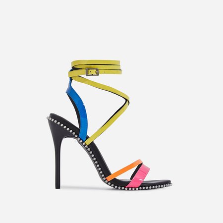 Marisa Studded Detail Lace Up Heel In Neon Multi Colour Patent | EGO