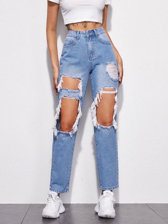 Distressed High-Rise Mom Jeans | SHEIN USA