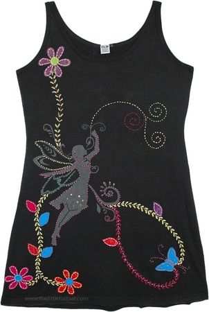 Boho Fairy Applique Embroidered Little Black Dress in Cotton | Clearance | Black | Sleeveless, Patchwork, Embroidered, Applique, Misses, Vacation, Beach, Gift, Handmade, Sale|18.99|
