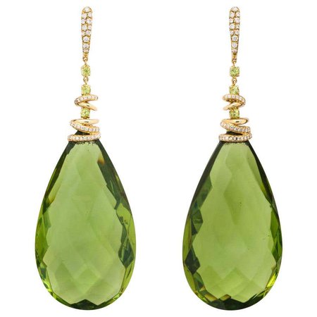 Michael Kanners Green Amber Peridot Diamond Gold Drop Earclips For Sale at 1stdibs
