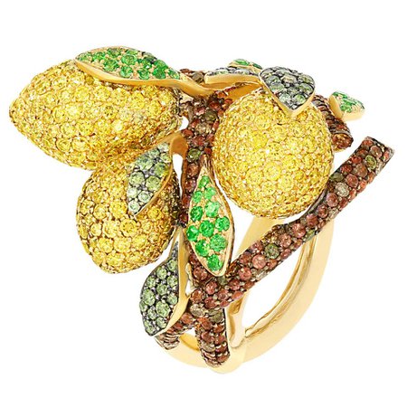 Contemporary Multi-Color Gemstone "Lemon Tree" Cocktail Ring in Yellow Gold For Sale at 1stDibs