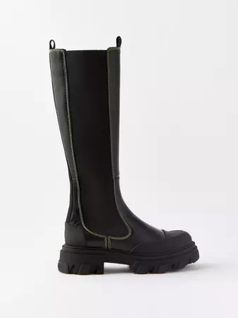 Black Knee-high chunky leather Chelsea boots | Ganni | MATCHESFASHION US